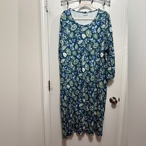 LANDS END Midi Dress Women Plus Size 3X Jade Green Floral Long Sleeve Scoop Neck